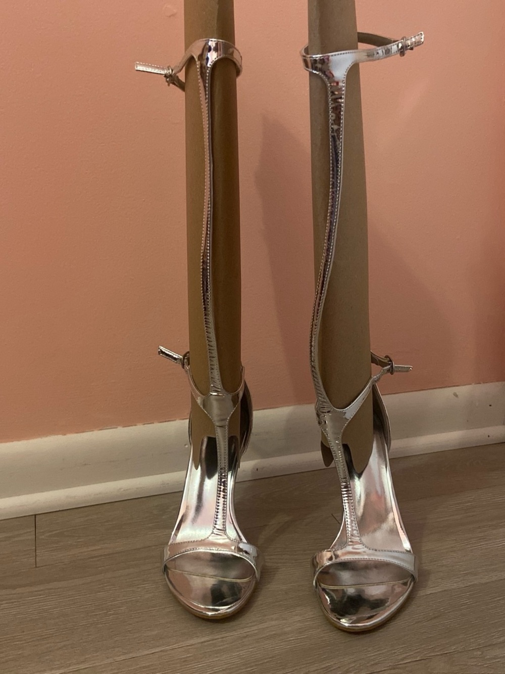Metallic Silver T-Strap Stiletto Sandals - Women's